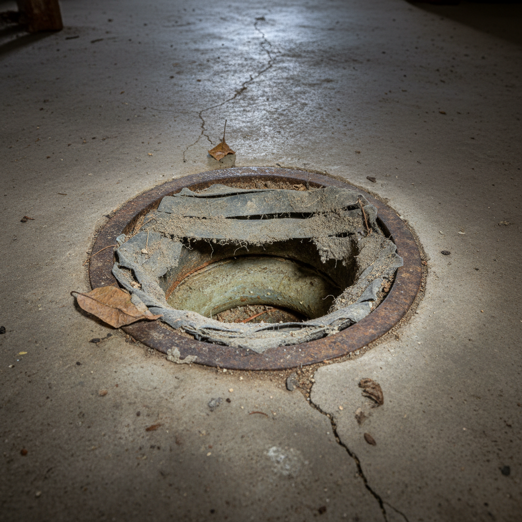 old floor drain with worn out protective barrier